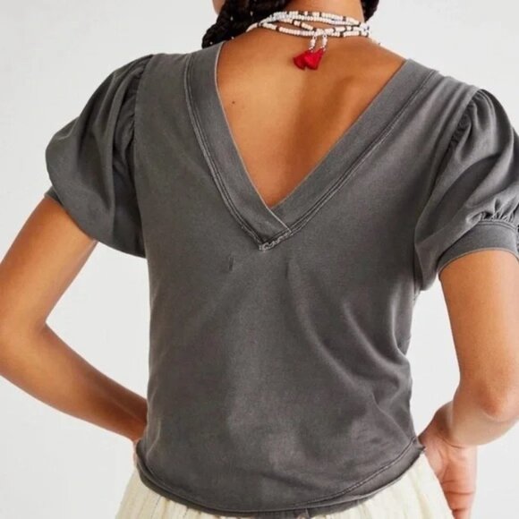 Free People Black Peony Puff-Sleeves Puff Shoulder Short Sleeves Tee T-Shirt Top - Picture 4 of 12